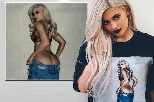 A t-shirt featuring a woman with long blonde hair, potentially inspired by Kylie Jenner recreating Kim Kardashian's iconic picture.