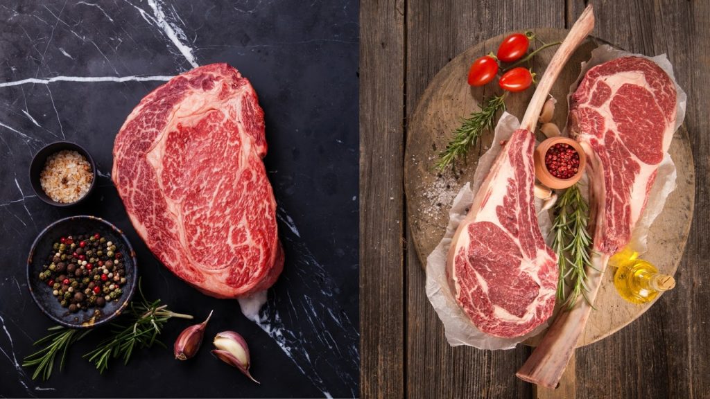 prime rib and rib eye steaks