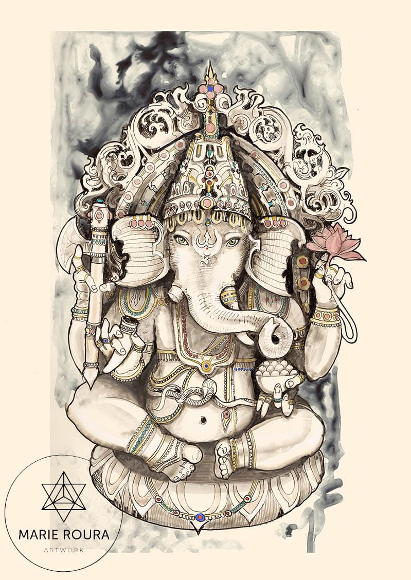 Un dessin d'un Ganesh assis sur un trône.