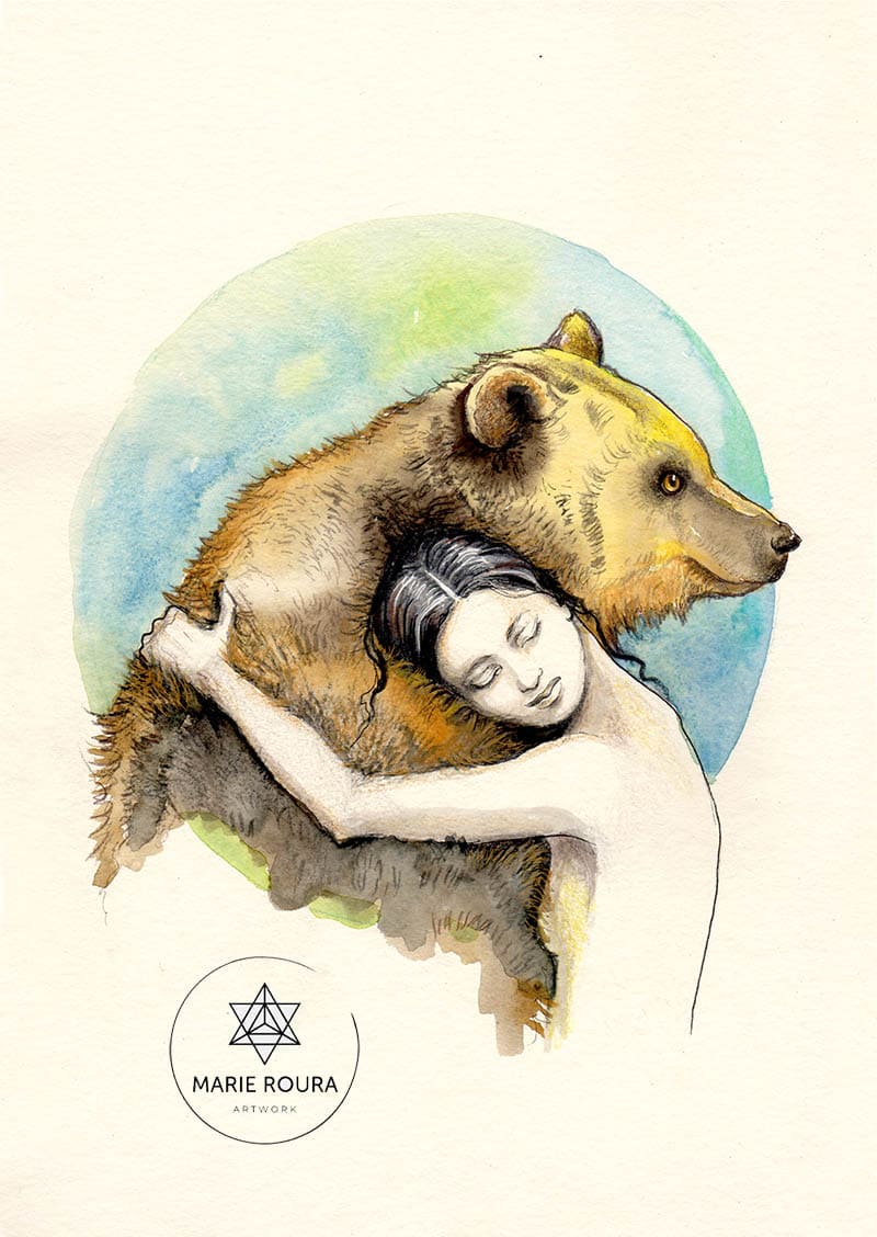 Une aquarelle représentant une femme serrant l'animal totem ours