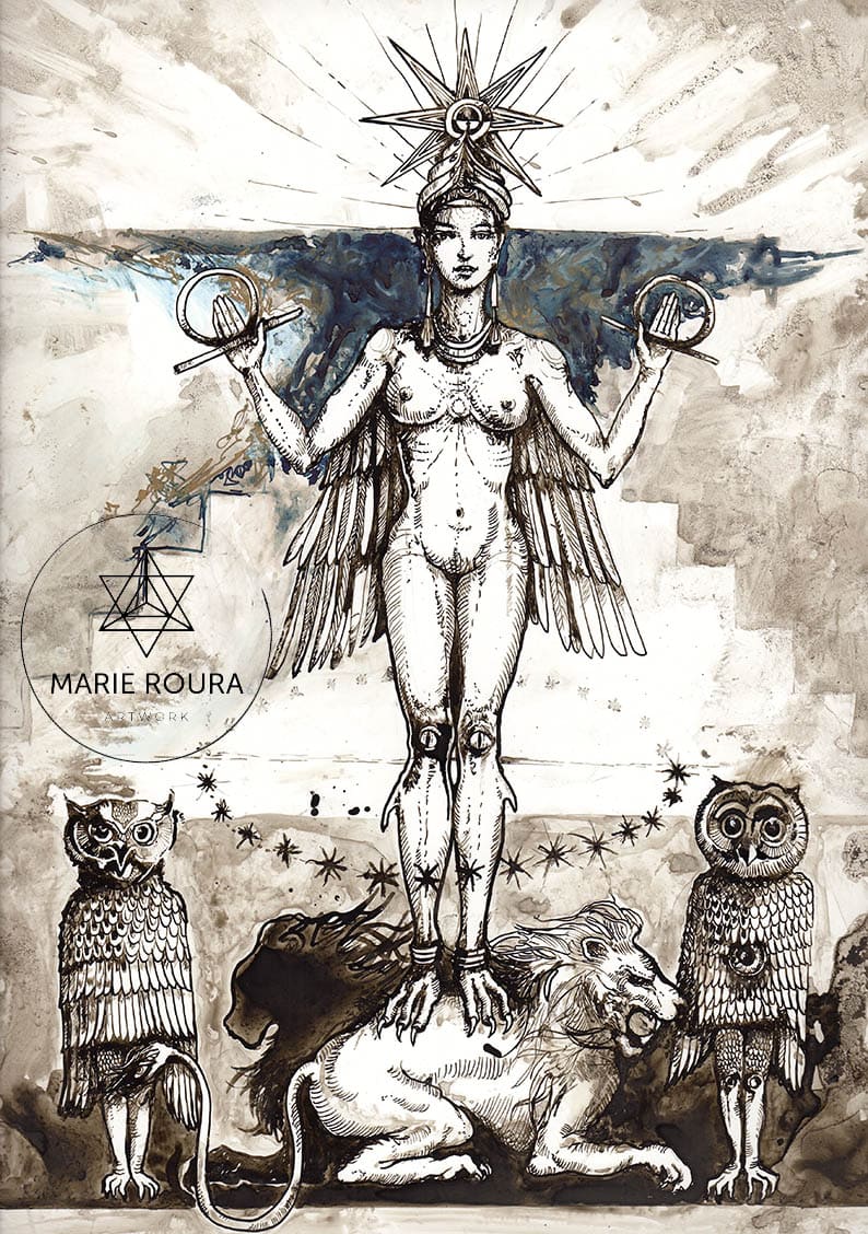 Un dessin d'ishtar déesse tenant un hibou et un aigle.