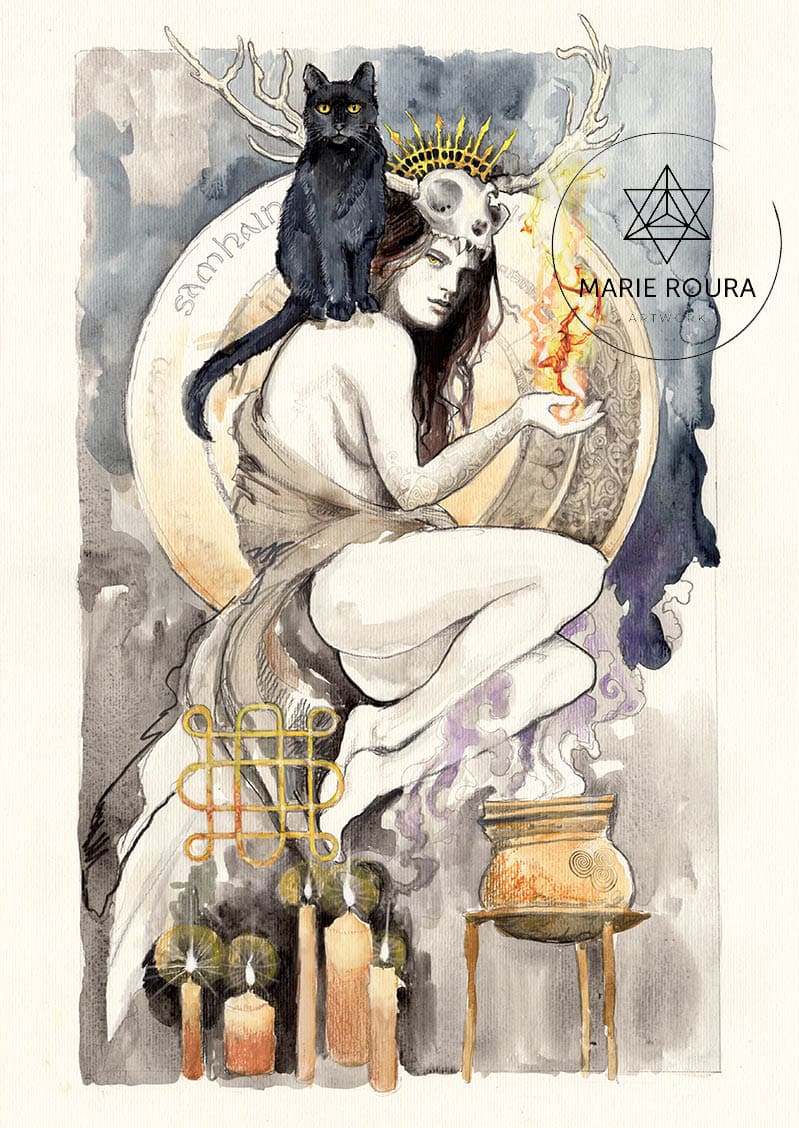 Une peinture de Samhain Ceridwen représentant une femme tenant une bougie et un chat noir.