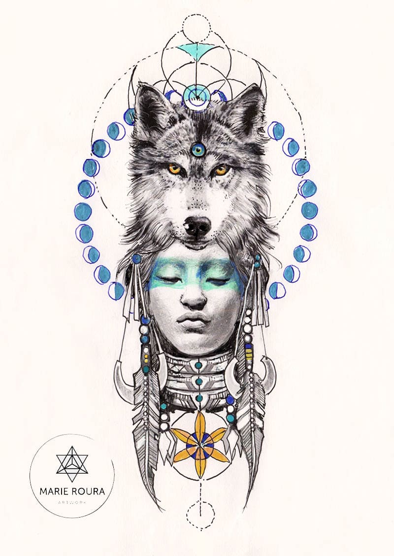 Un dessin de L'esprit de la louve, un loup et une femme à plumes.