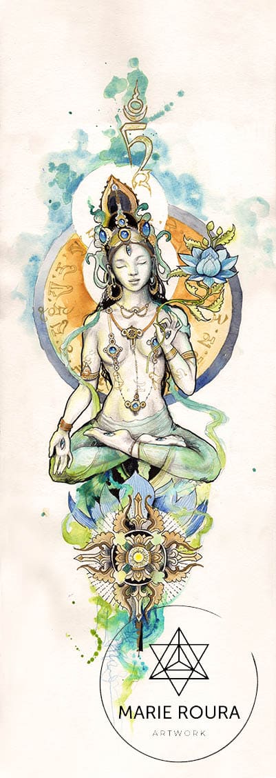 Une peinture de Tara blanche représentant une femme assise en position du lotus.