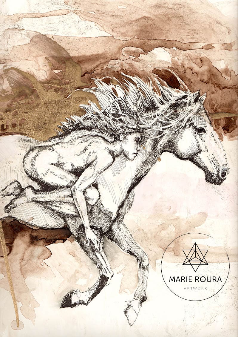 Un dessin de Tashunka Wakan chevauchant un cheval.