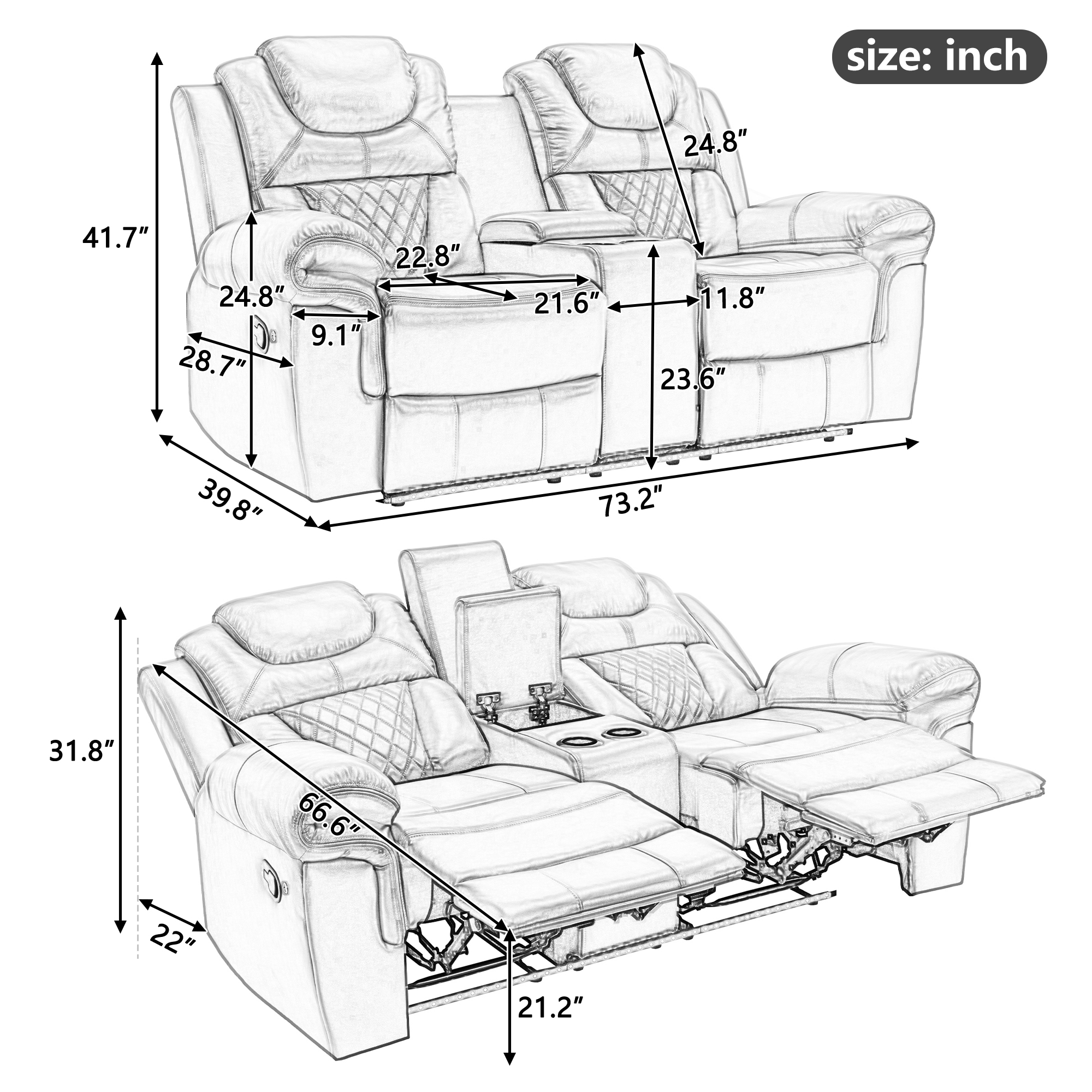 Manual Recliner Loveseat with Hide-Away Storage, Cup Holders and LED Light Strip - WF310726AAB