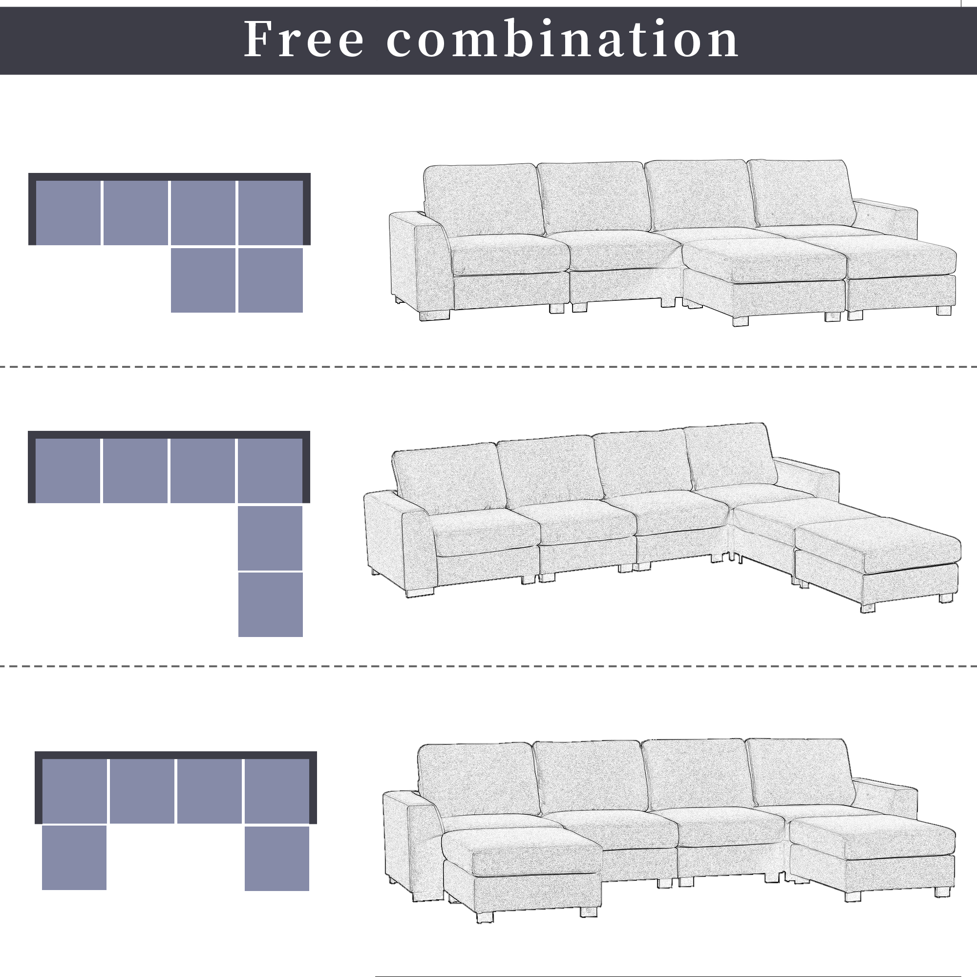 3 Pieces U Shaped Sofa with Removable Ottomans - WY000327AAA