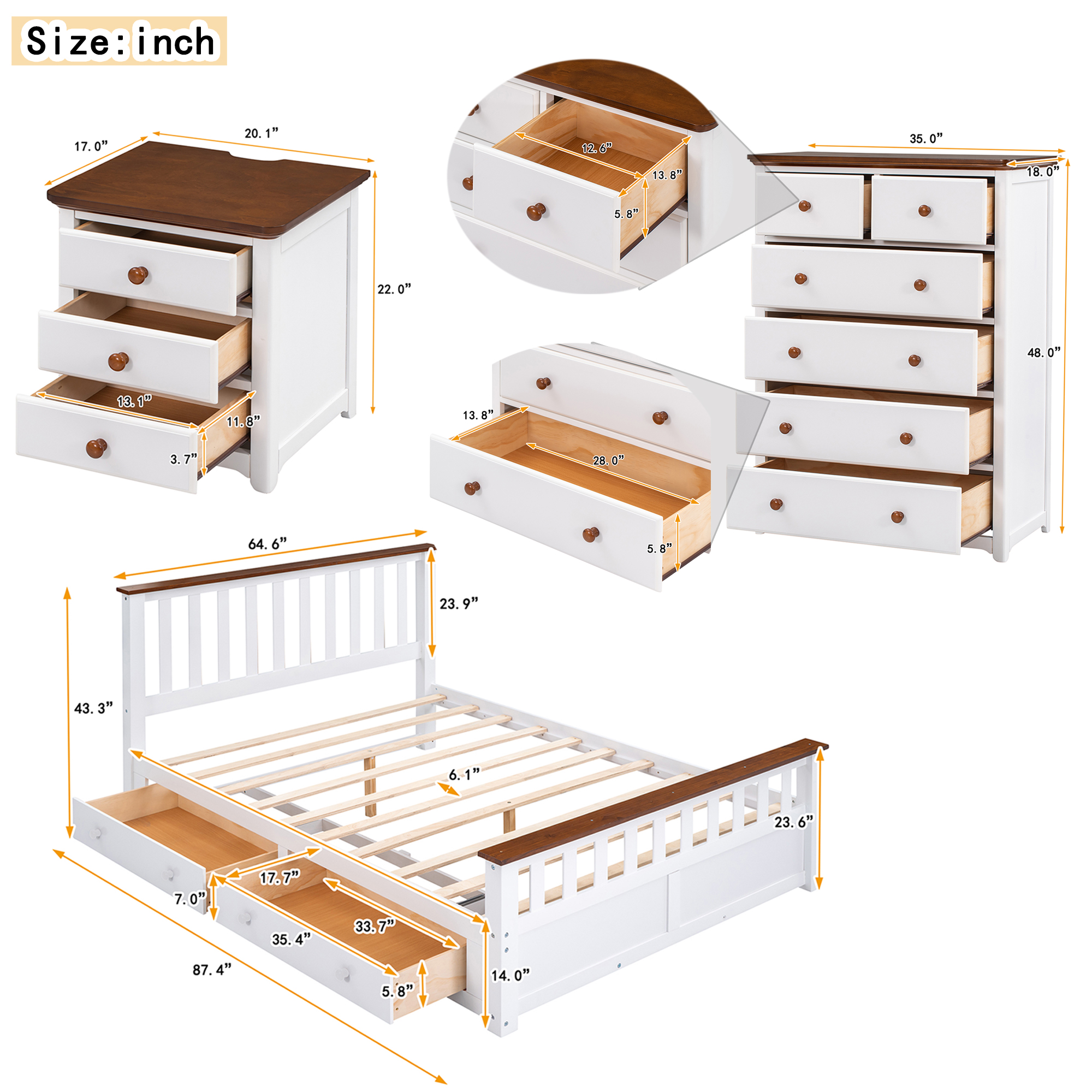 Queen Size Platform Bed with Nightstand and Storage Chest - HL000019AAK