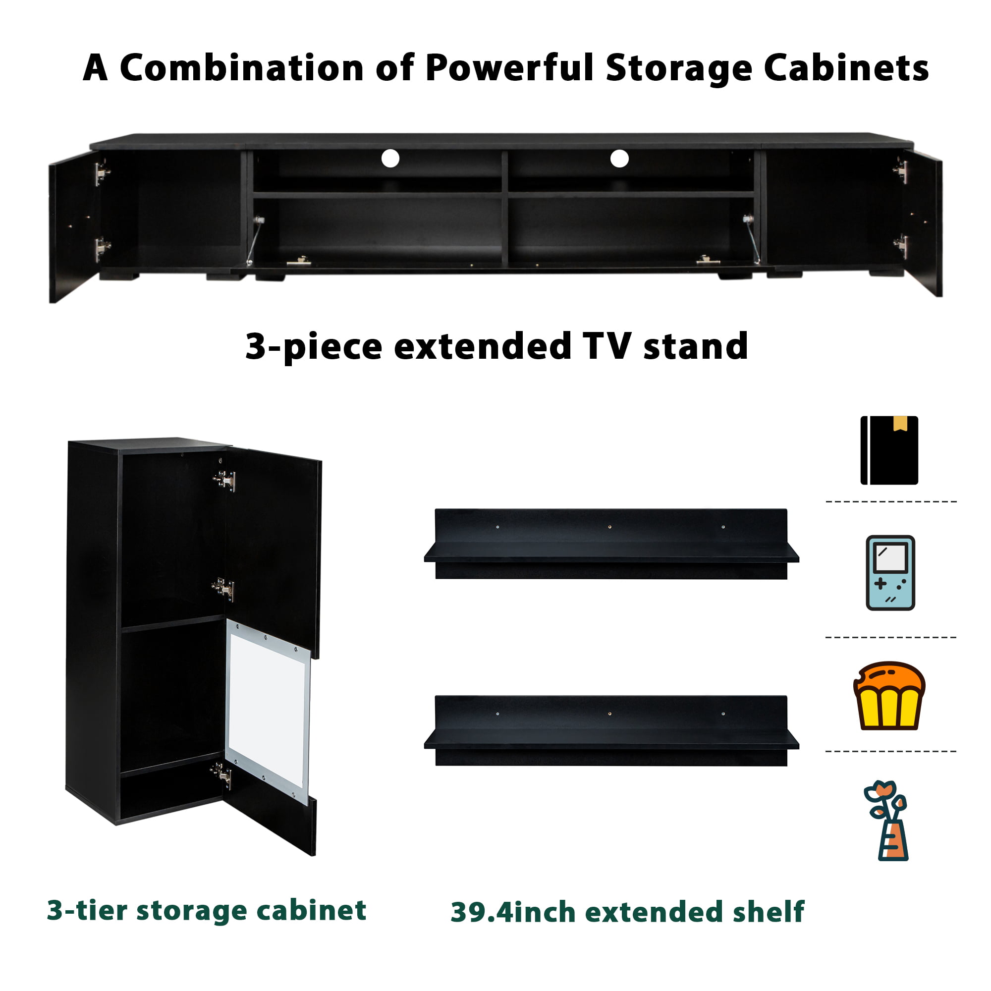 Extended, Minimalist Style 7 Pieces Floating TV Stand Set - SD000007AAB
