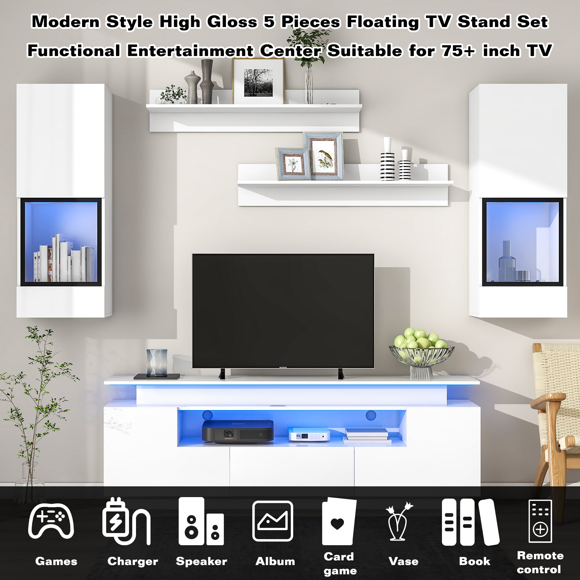5 Pieces Floating Tv Stand Set With 16-color LED Light Strips For 75+ Inch TV - SD000012AAK