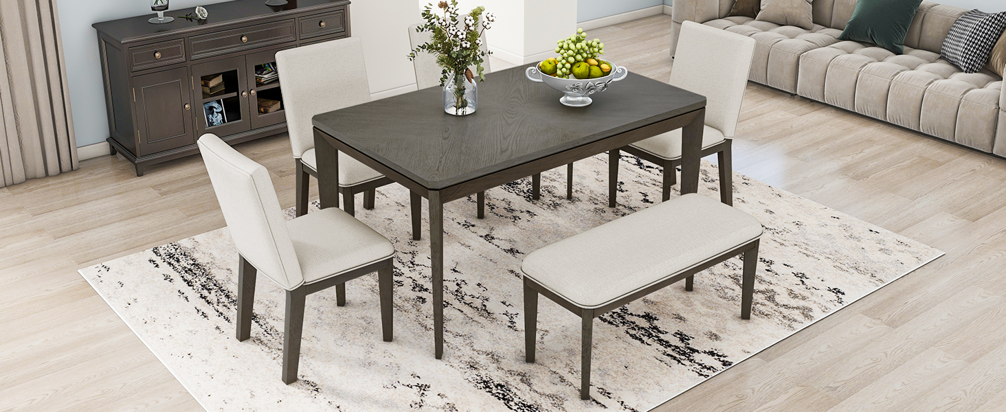 6-Piece Dining Table Set with Upholstered Dining Chairs and Bench - SP000037AAE
