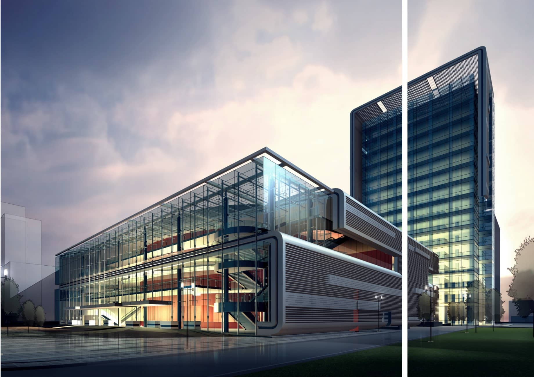 Zwei Darstellungen eines modernen Bürogebäudes.