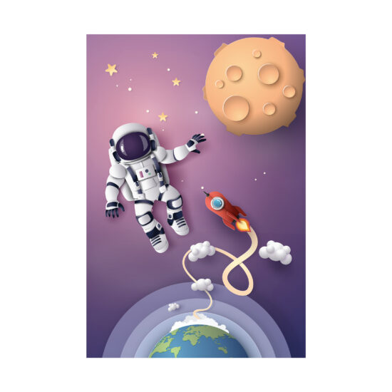 Placa Decorativa MDF Astrounauta e Foguete no Espaço