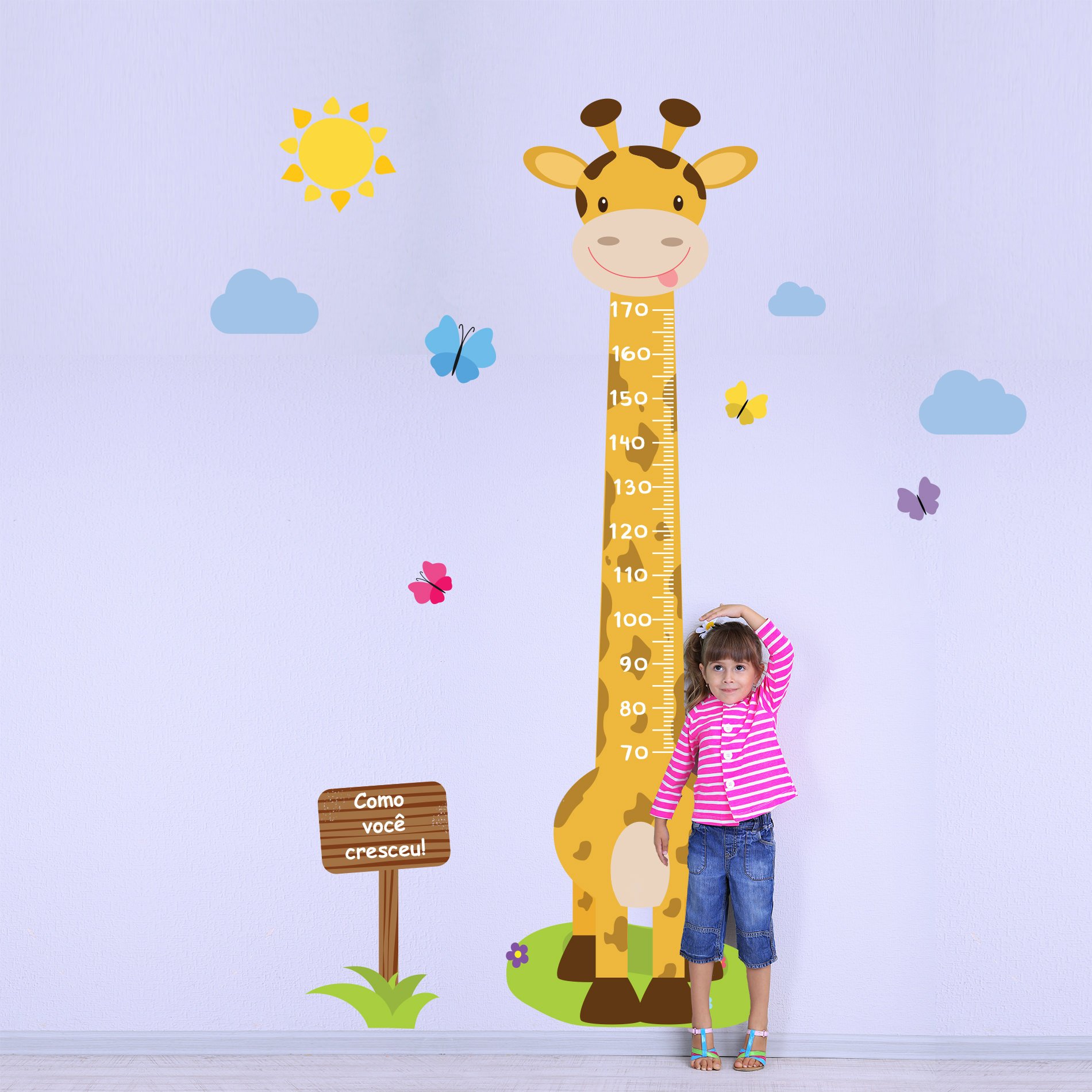 Adesivo de Parede Infantil Régua Girafa e Borboletas
