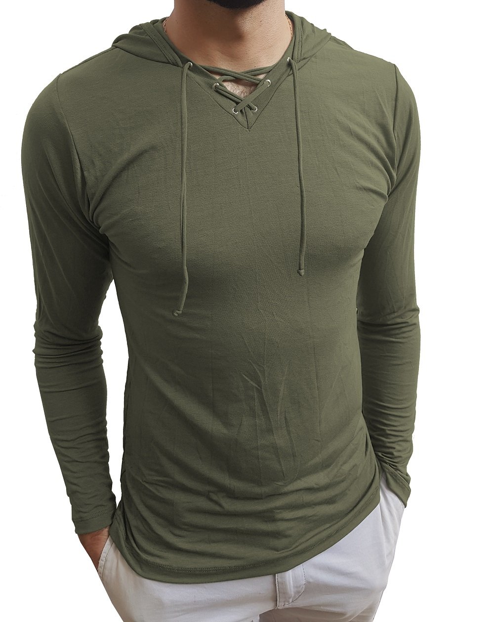 Camiseta Básica Masculina Gola V Com Capuz e Cordão Manga Longa