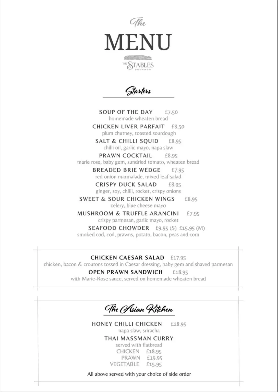 Restaurant Menus | The Stables Groomsport