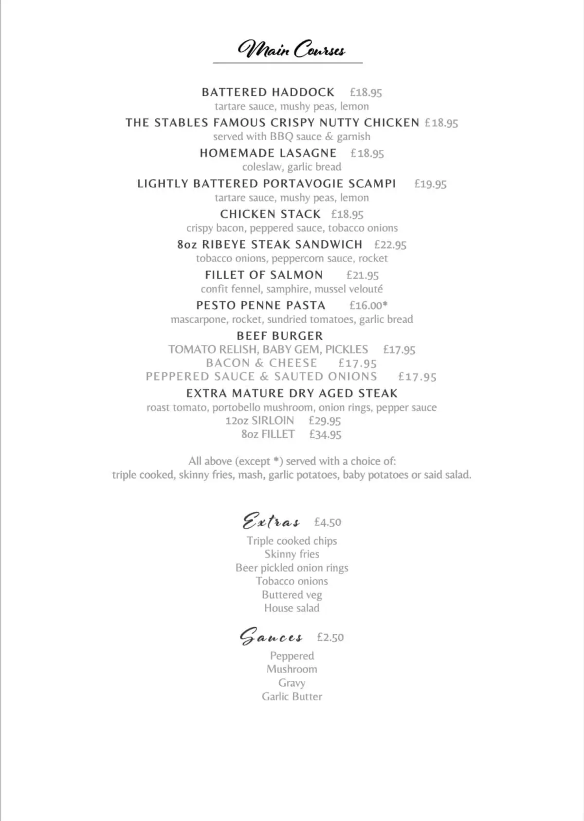 Restaurant Menus | The Stables Groomsport