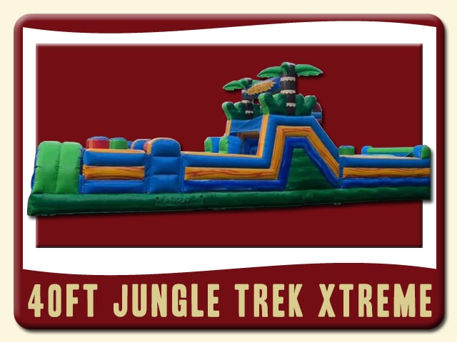 40ft Jungle Trek Xtreme inflatable obstacle course Rent is dark green, lime green, blue, fire orange and has two 3D palm trees at the top