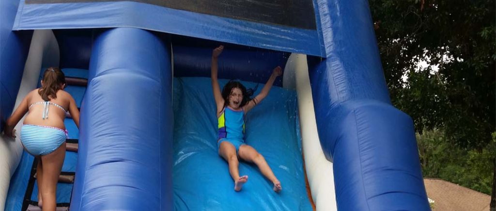 Dolphin waterslide rental - girl sliding down into pool