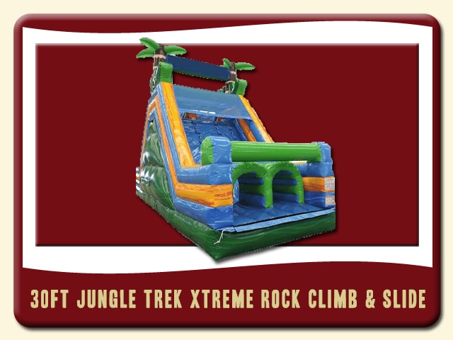 blowup obstacle course Rental is dark green, lime green, blue, fire orange & two 3d palm trees - 30’ Rock & Climb Jungle Trek Obstacle