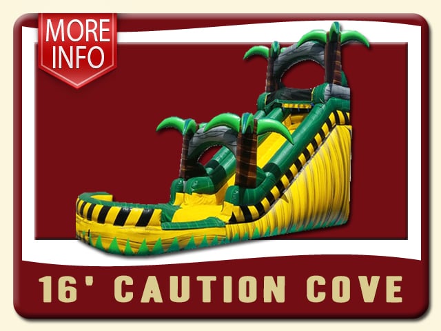 The 16' Caution Cove water slide inflatable with black, yellow & 3d palm trees - More Info