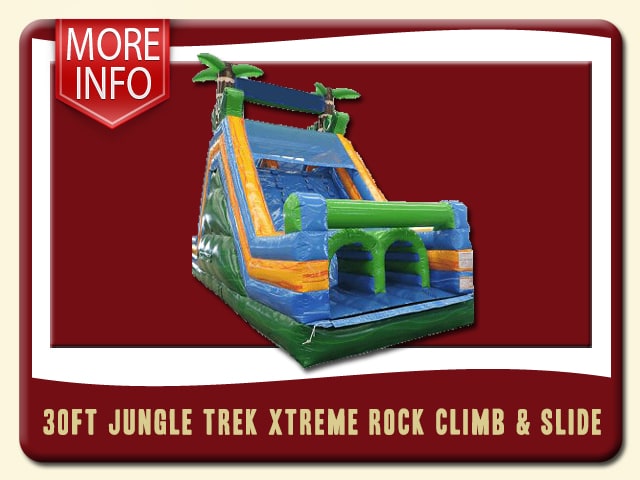 blowup obstacle course Rent is dark green, lime green, blue, fire orange & two 3d palm trees - 30’ Rock & Climb Jungle Trek Obstacle