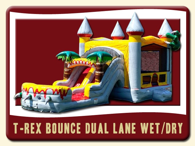 TREX BOUNCE house and DUAL LANE slide COMBO rental inflatable 3d Dino Teeth & dinosaur gray red yellow orange and green