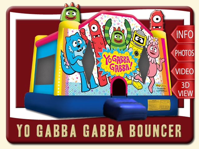 Yo Gabbba Gabba Bounce House Rental, uno red cyclops, Foofa pink flower bubble, Brobee hairy green monster, Toodee blue cat-dragon, Plex magic yellow robot