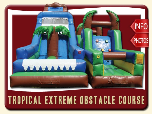 Tropical Extreme Inflatabe Obstacle Course Water Slide Rental, Rock Wall, Palm Tree, Blue, Green, Brown