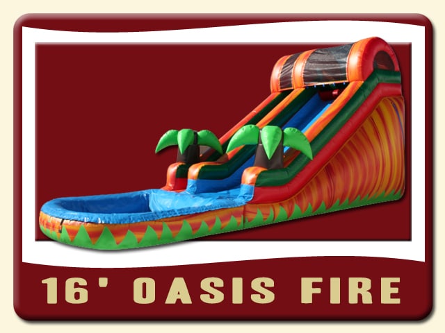 16-foot Oasis inflatable water slide with a large pool and two 3d palm trees. Fire red and orange