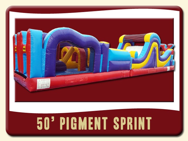 50' pigment sprint inflatable obstacle course. Purple, blue, yellow & red