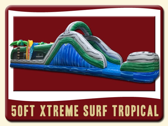 50ft Xtreme Surf Tropical Rent Obstacle Course can be used Wet & Dry – Surf Board - water blue, stone gray, and tropical green vinyl