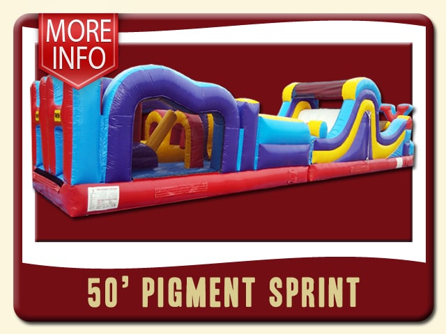 50' pigment sprint inflatable obstacle course. Purple, blue, yellow & red - More Info