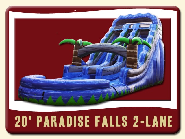 20' Paradise Falls with 2-Lanes inflatable water slide & pool. 3d palm trees, blue waterfall look