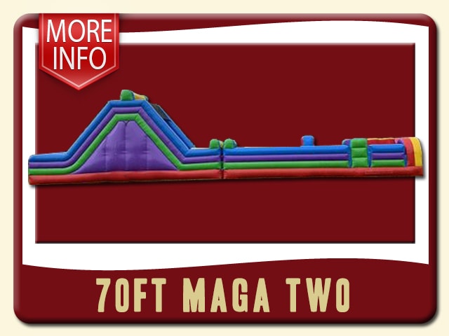 70' Mega 2 Obstacle Course challenge inflatable rent- red, green, purple, yellow, and blue