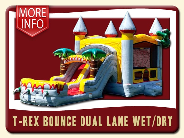 T-REX BOUNCE house & DUAL LANE slide COMBO rent inflatable – 3d Dino Teeth & dinosaur gray red yellow orange and green