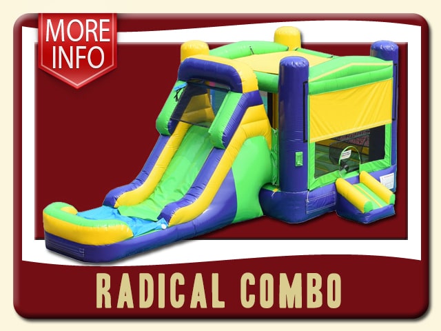 Radical Inflatable combo bounce house waterside rent - yellow, purple & green