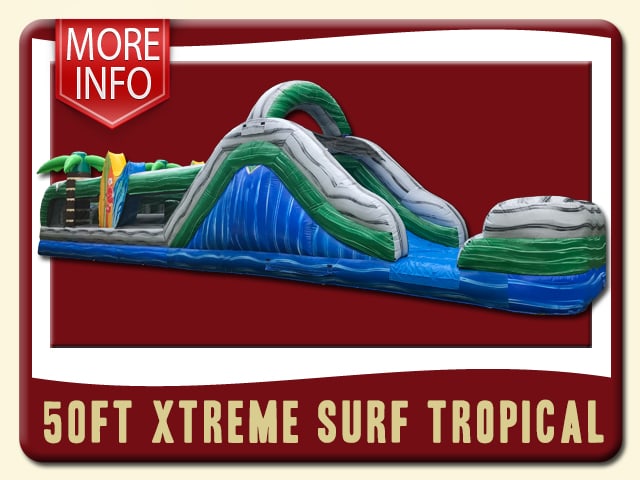 50ft Xtreme Surf Tropical Obstacle Course Rental can be used Wet & Dry – Surf Board - water blue, stone gray, and tropical green vinyl