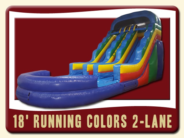 18' Running Colors 2-Lane inflatable water slide & pool. Bright blue, purple, green, red & yellow