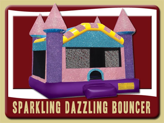 Sparkling Dazzling Castle Bounce House Rental, Pink, Purple, Blue, Yellow