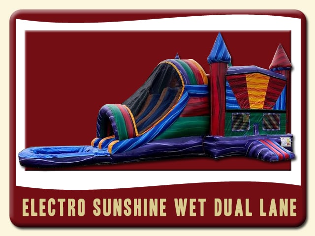 Electro Sunshine Dual Lane Wet Slide & Bounce House Combo Rental Red, Purple, Yellow, Orange, Blue and Green