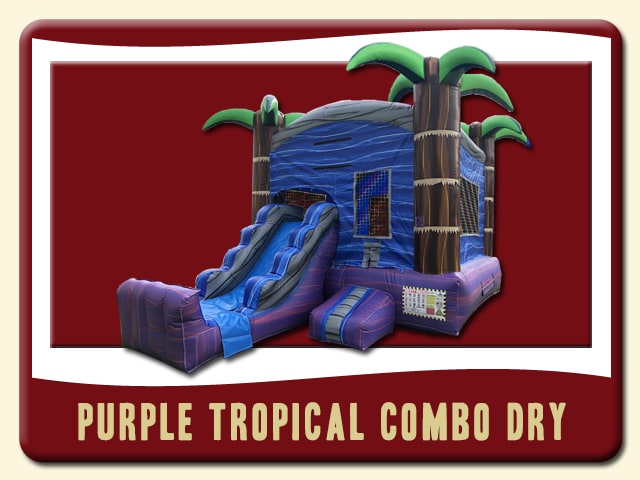 Purple Tropical Combo Dry Slide Rental - tropical look with brown and green palm trees on each corner - waving water print