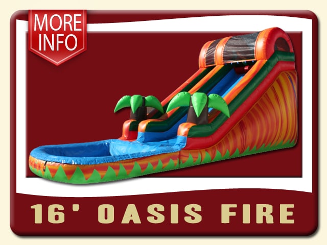 16-foot Oasis inflatable water slide with a large pool and two 3d palm trees. Fire red and orange = More Info
