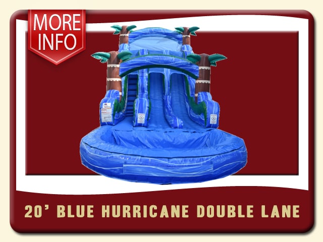 Blue Hurricane Double Lane Water Slide Pool Inflatable Rental - blue wave water look and 3d Palm Trees