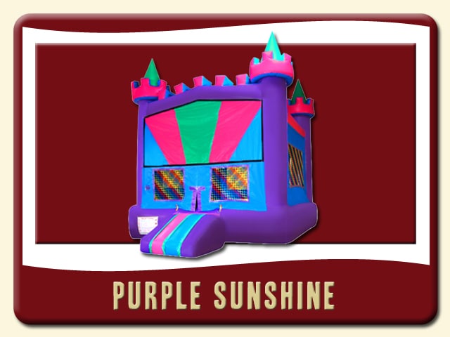 Purple Sunshine Castle Bounce House with bright purple, pink & green