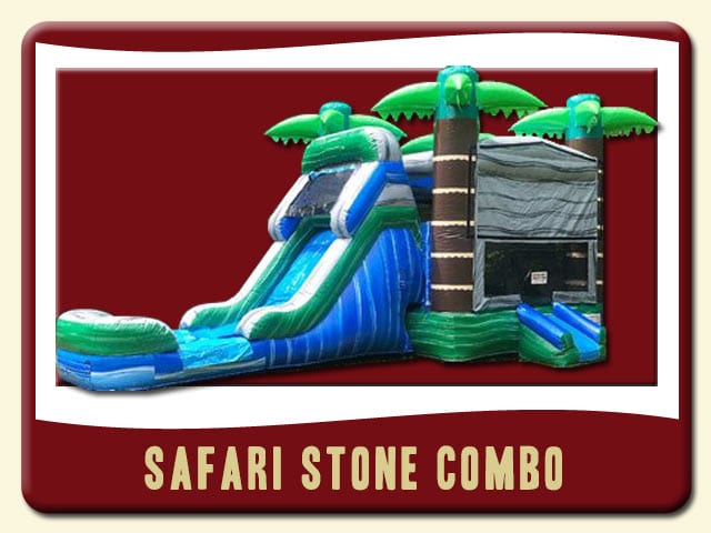Safari inflatable combo with palm trees, a slide, and pool – Blue, Green, and stone-colored