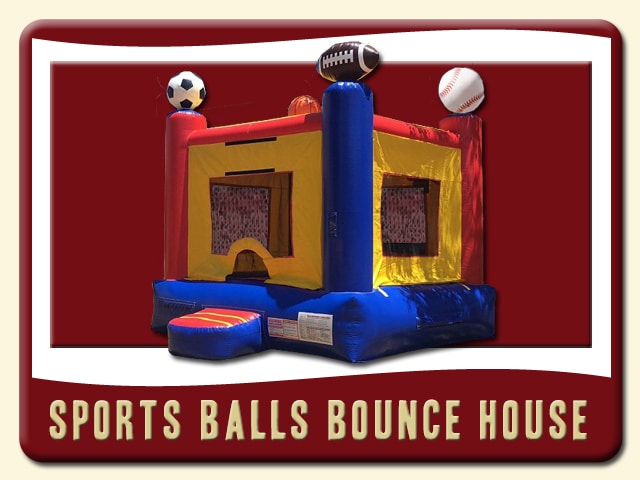 Sports Balls Bounce House Inflatable Rental with 3d footballs, basketballs, soccer balls and baseball. Red, Blue and Yellow