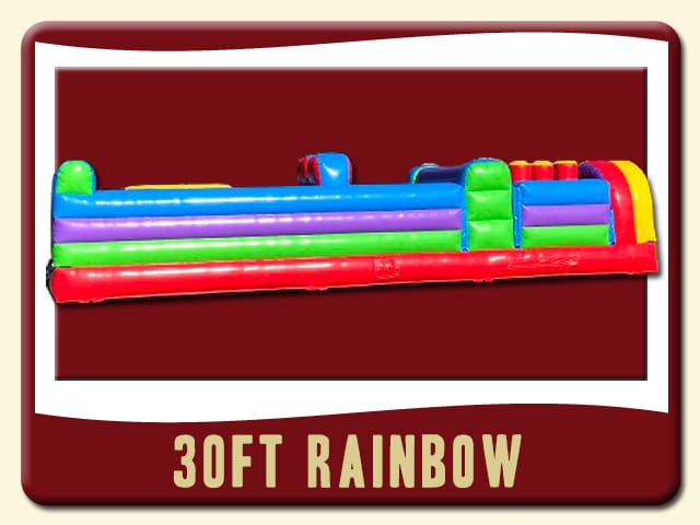30' Rainbow Rent Obstacle Course - entire blowup rental looks like a rainbow on the sides with the colors red, green, purple, yellow & blue