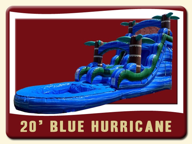 20ft Blue Hurricane Single Lane Water Slide Pool Blowup Rent - wavy blue pattern all over and then some 3-D Palm trees