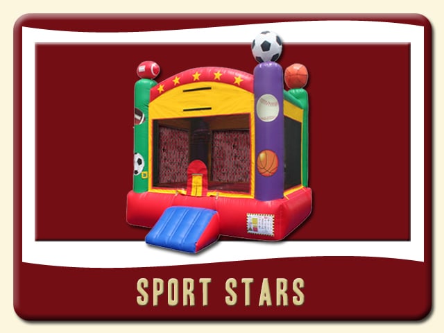 Sports Bounce House Rental – Football, Soccer, Basketball, and Baseball - Purple, Green, Red, and Yellow
